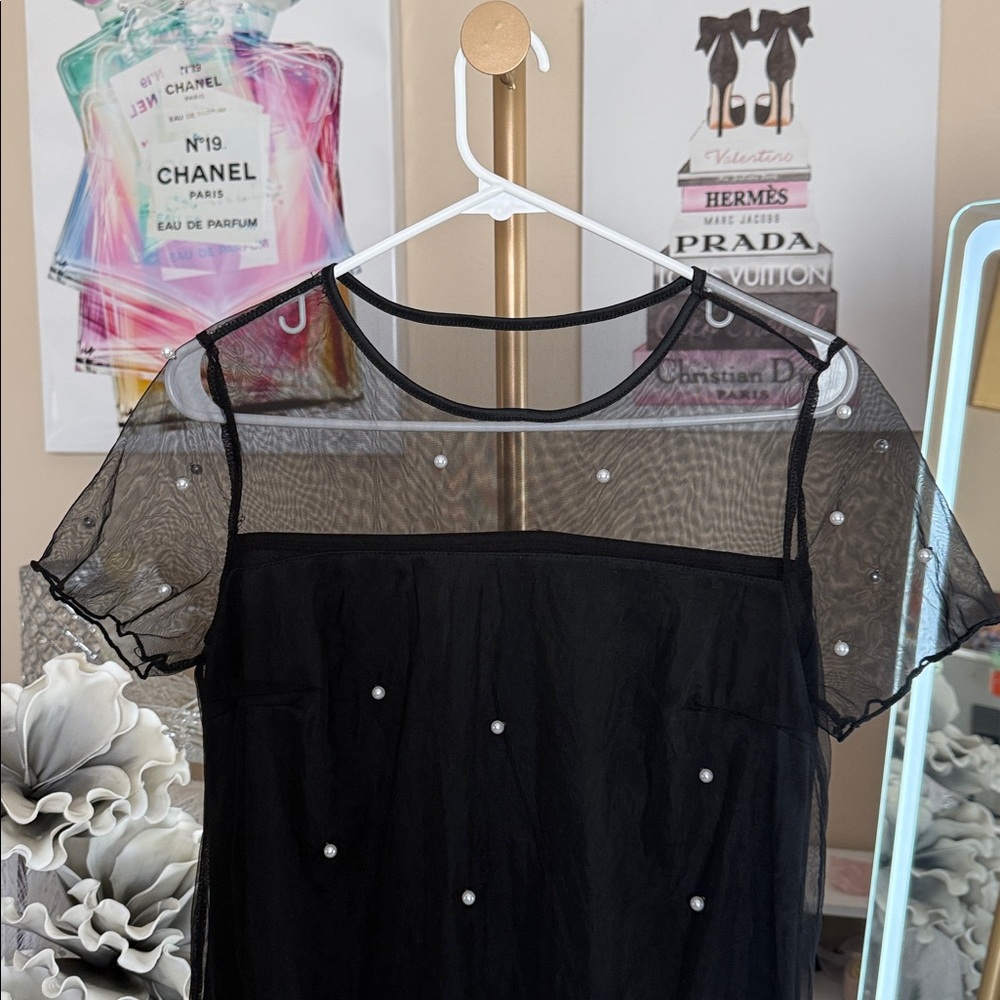 Elegant Black Sheer Dress with Pearl Accents - Picture 3 of 4